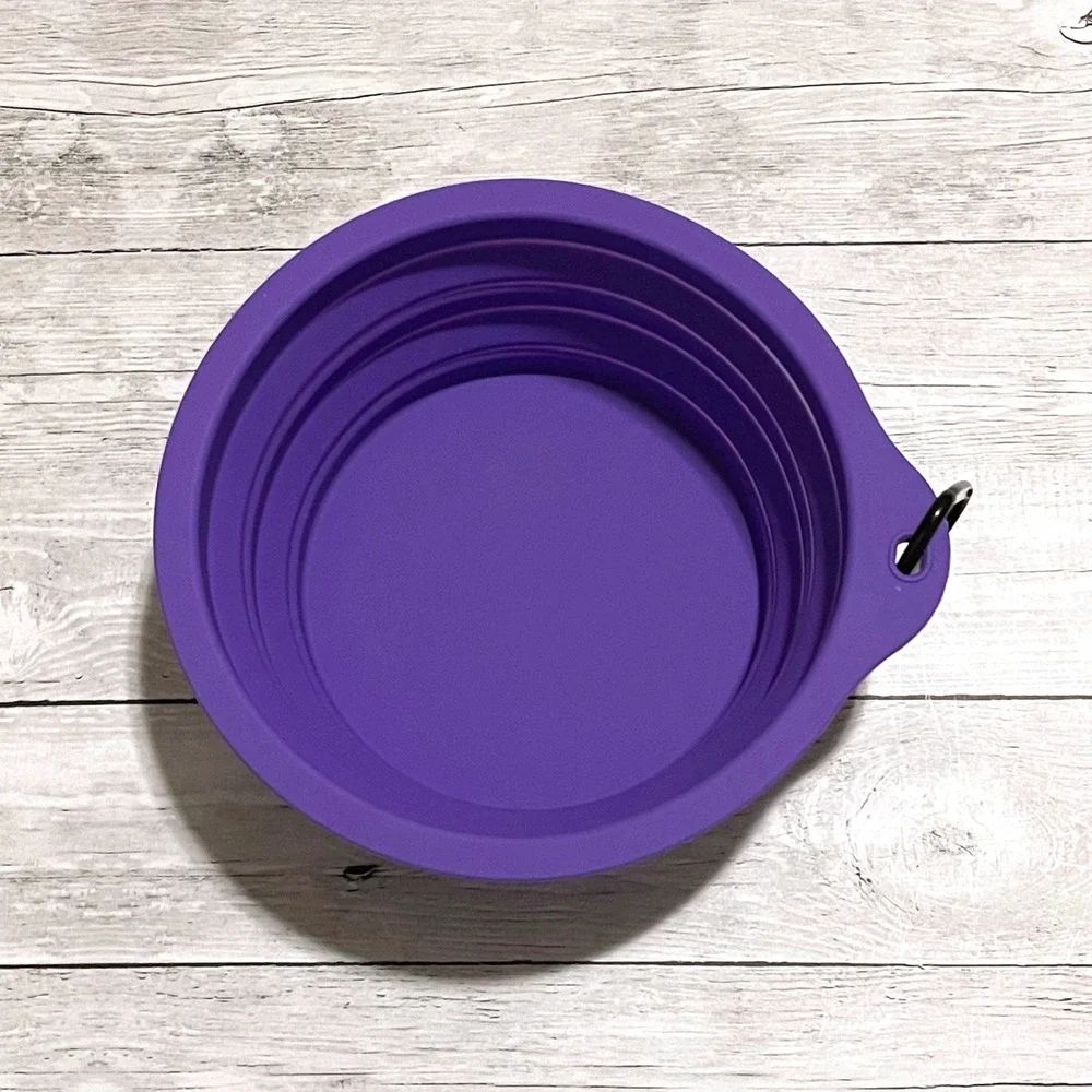 Purple Collapsible Silicone Pet Bowl with Carabiner for Hiking and Travel